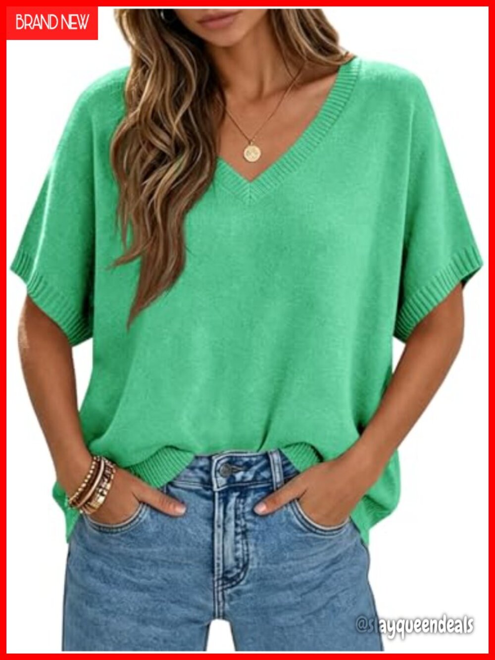 Oversized Batwing Short Sleeve Knit Pullover Sweater V-Neck Lightweight